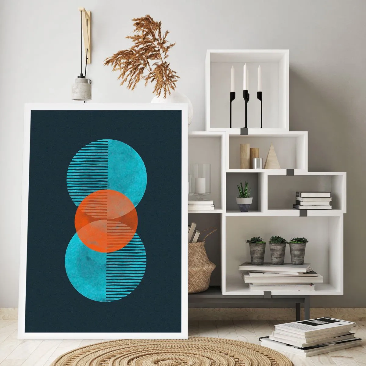 Poster - Symmetrische Kreise in Blau- und Orangetönen mit Linien - 50x70cm - Symmetrische Komposition - Moderne Wanddekoration für Wohnzimmer und Schlafzimmer ARTTOR