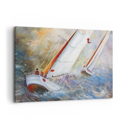 Bild auf Leinwand - Leinwandbild - Segelboote auf rauen Wellen in einer dynamischen Komposition - 120x80cm - Durch die Wellen laufend - Moderne Wanddekoration für Wohnzimmer und Schlafzimmer ARTTOR