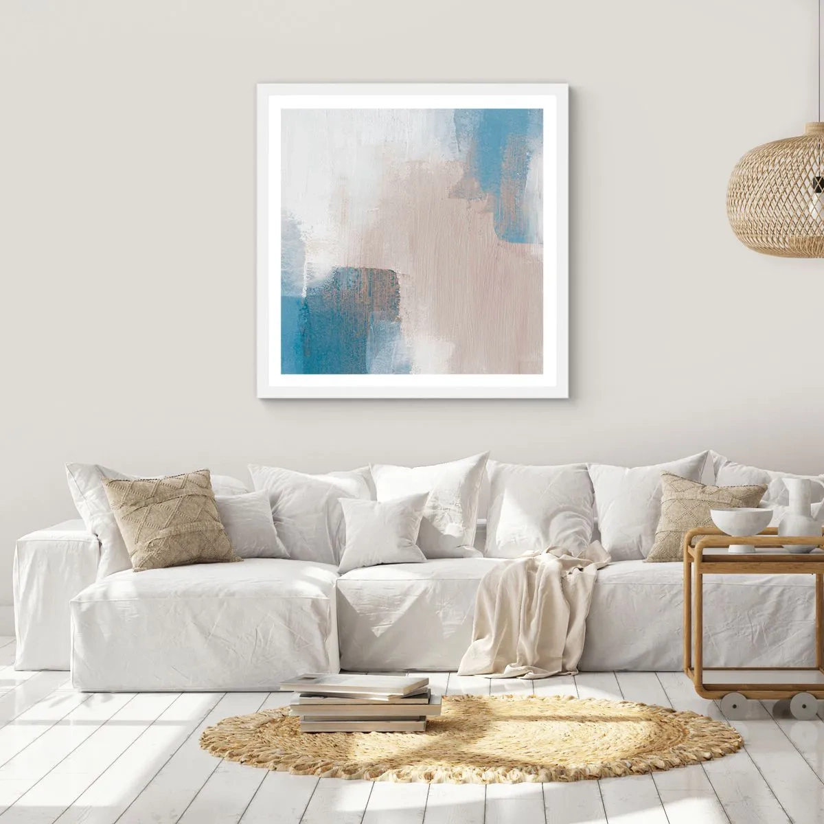 Poster in einem weißen Rahmen - Rosa Abstraktion hinter einem blauen Vorhang - 30x30 cm