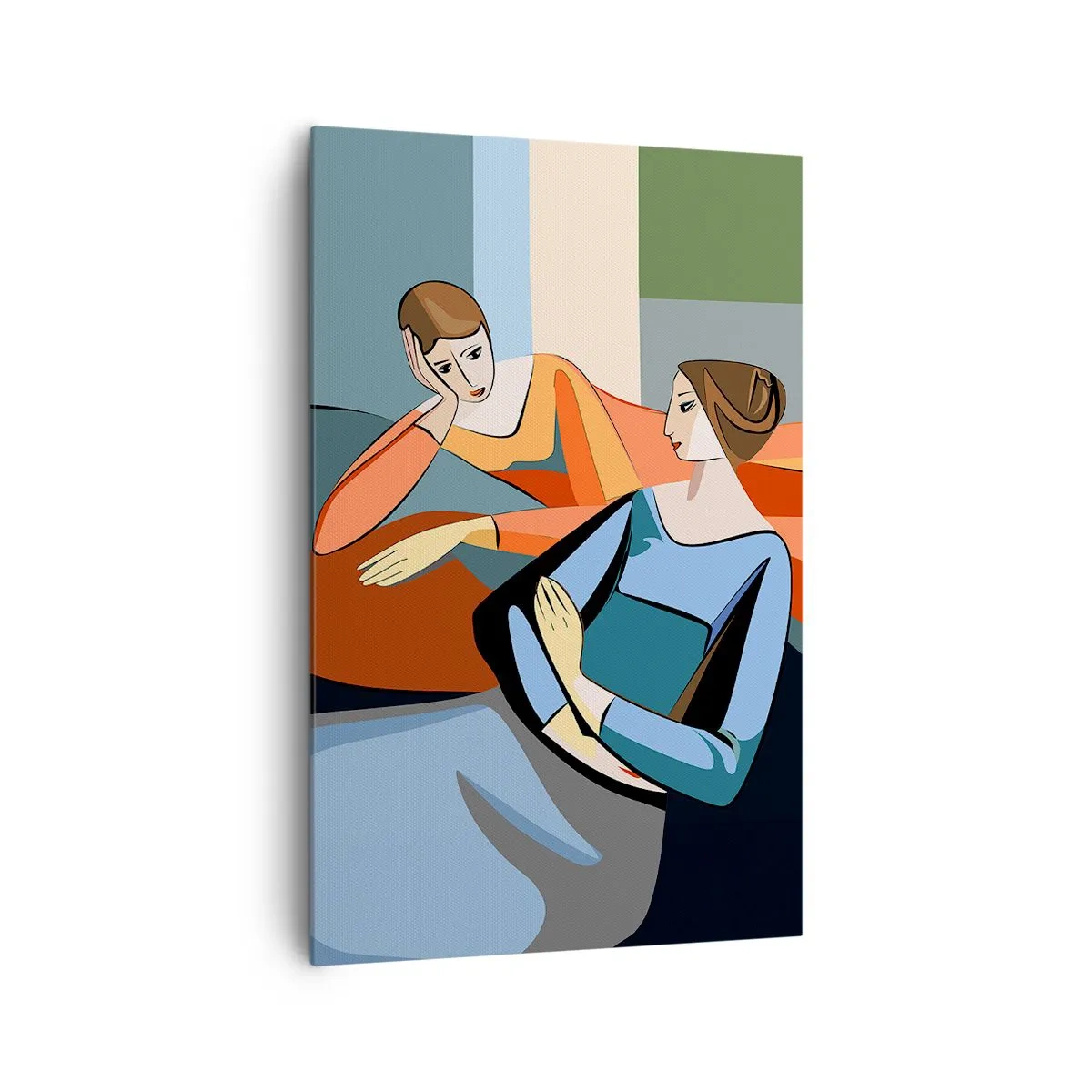 Bild auf Leinwand - Leinwandbild - Abstrakte Darstellung zweier Frauen im kubistischen Stil - 80x120cm - Moment der Zuversicht - Moderne Wanddekoration für Wohnzimmer und Schlafzimmer ARTTOR