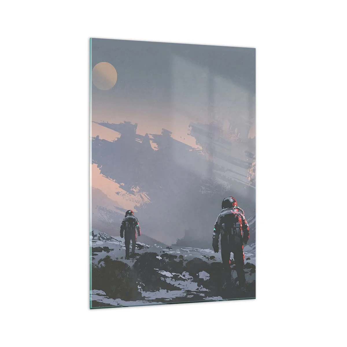 Glasbild - Bild auf glas - Astronauten auf einem fremden Planeten mit einem Raumschiffwrack - 70x100cm - Unter einem unbekannten Stern - Moderne Wanddekoration für Wohnzimmer und Schlafzimmer ARTTOR