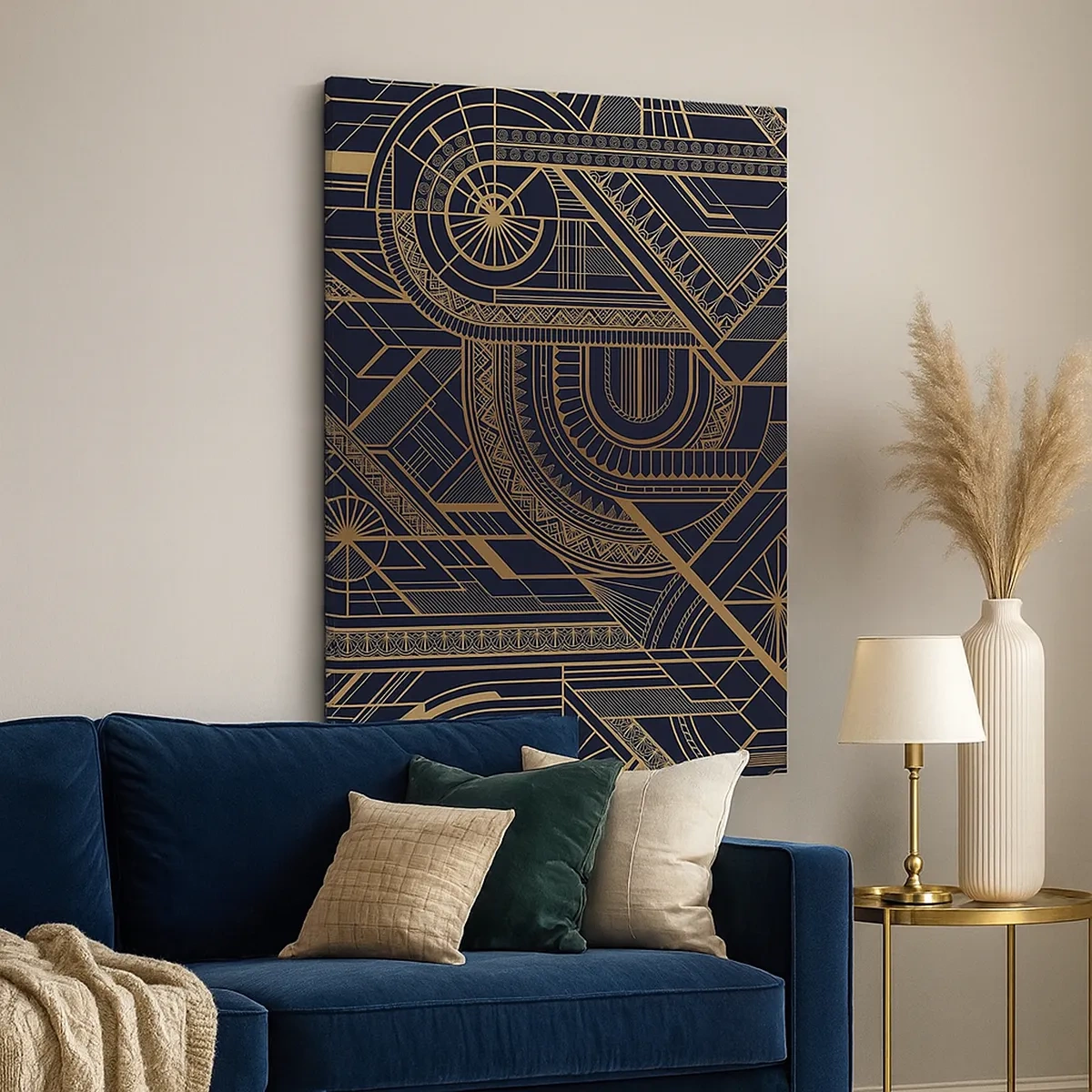 Bild auf Leinwand - Leinwandbild - Goldene geometrische Muster auf schwarzem Hintergrund im Art-Deco-Stil - 50x70cm - Konzepte, Ideen, Pläne - Moderne Wanddekoration für Wohnzimmer und Schlafzimmer ARTTOR