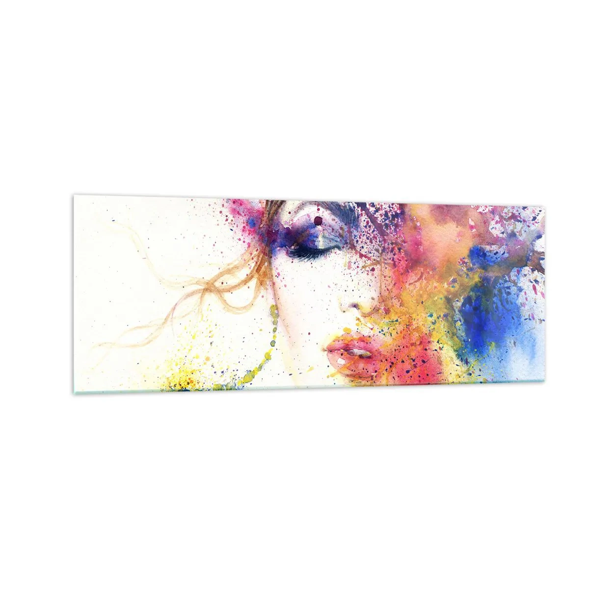 Glasbild - Bild auf glas - Ein künstlerisches Frauenportrait in ausdrucksstarken Aquarellfarben. - 140x50cm - Regenbogenschwindel - Moderne Wanddekoration für Wohnzimmer und Schlafzimmer ARTTOR