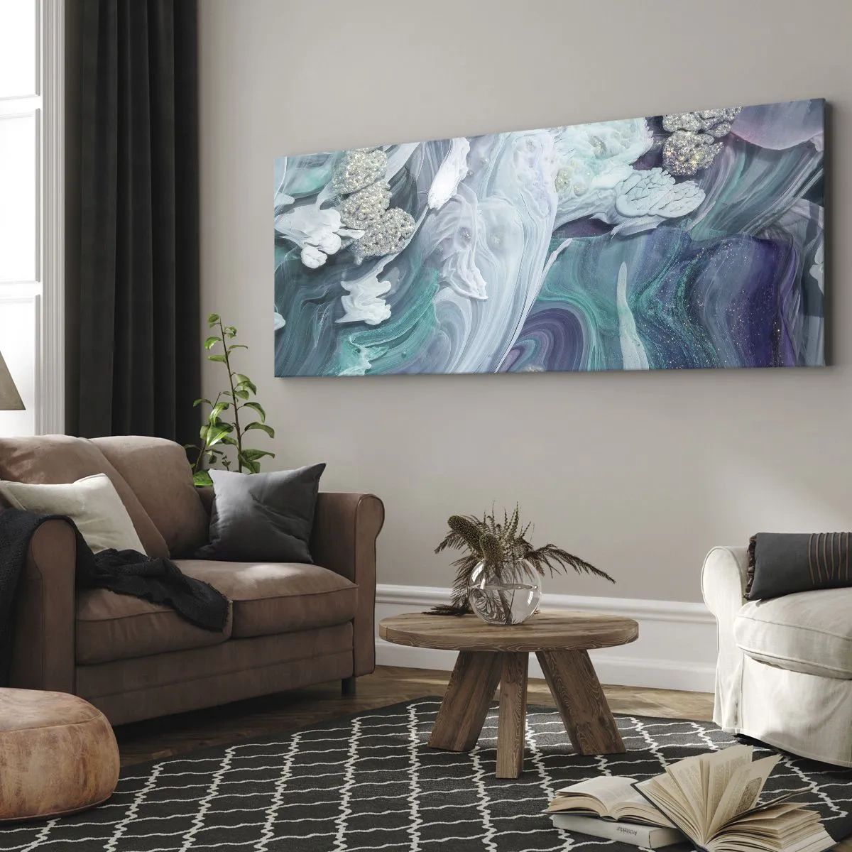 Bild auf Leinwand - Leinwandbild - Abstrakte Wirbel in Blau- und Weißtönen - 120x50cm - Strömungen von Himmelblau - Moderne Wanddekoration für Wohnzimmer und Schlafzimmer ARTTOR