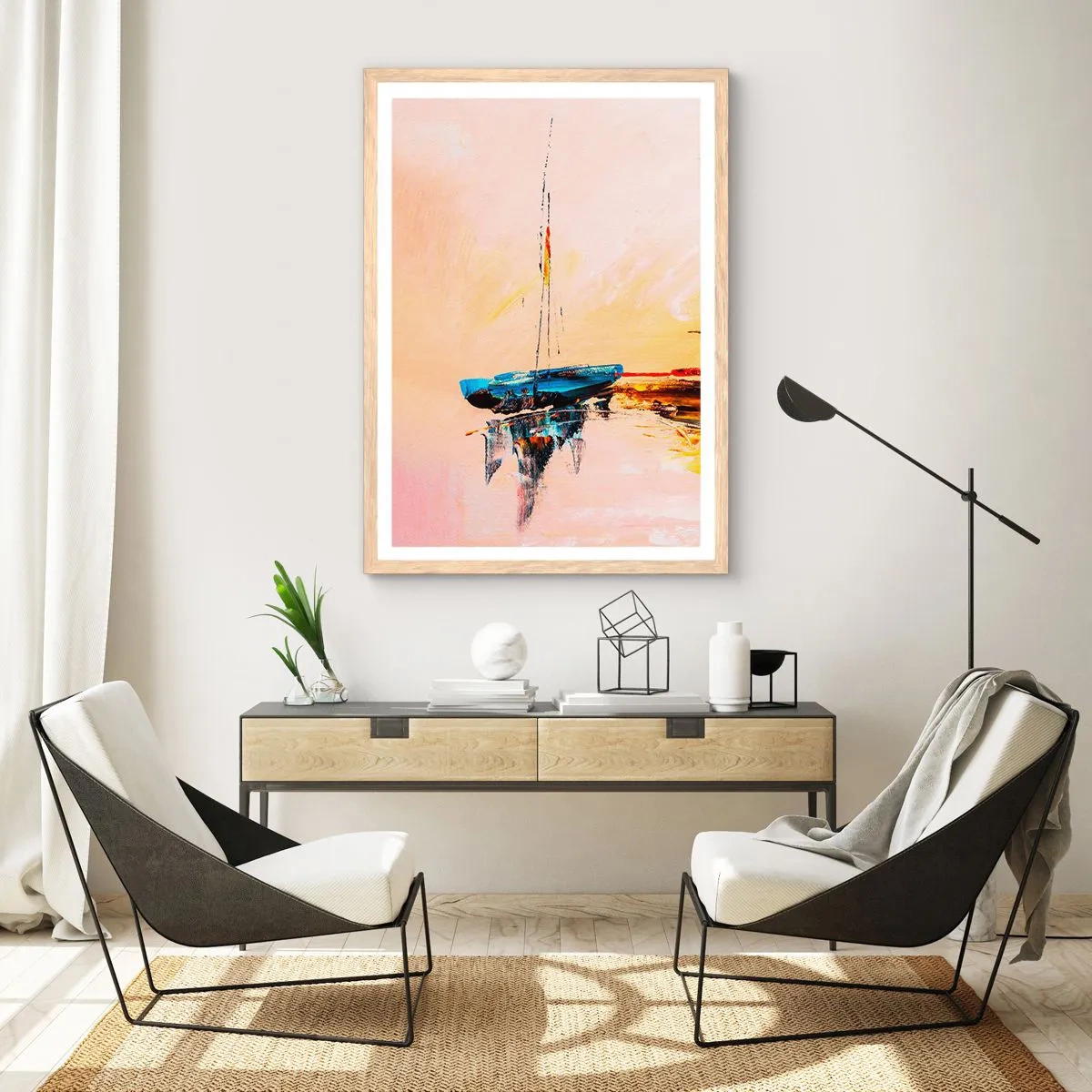 Poster in einem Rahmen aus heller Eiche - Abend im Yachthafen - 50x70 cm