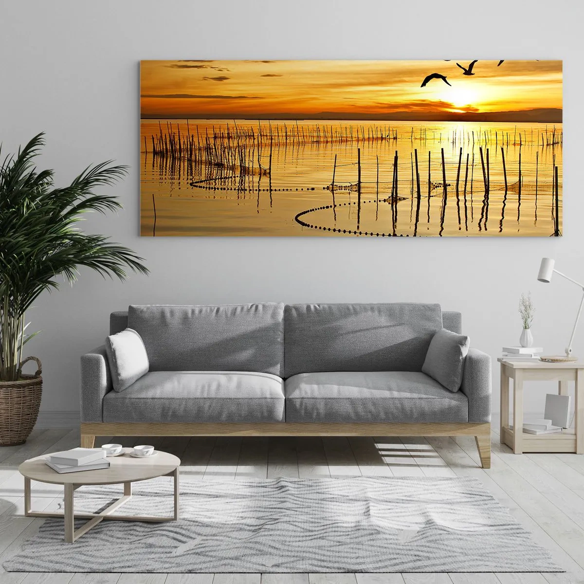 Glasbild - Bild auf glas - Sonnenuntergang über dem Wasser mit Vögeln im Flug - 160x50cm - In der Fischerei - Moderne Wanddekoration für Wohnzimmer und Schlafzimmer ARTTOR