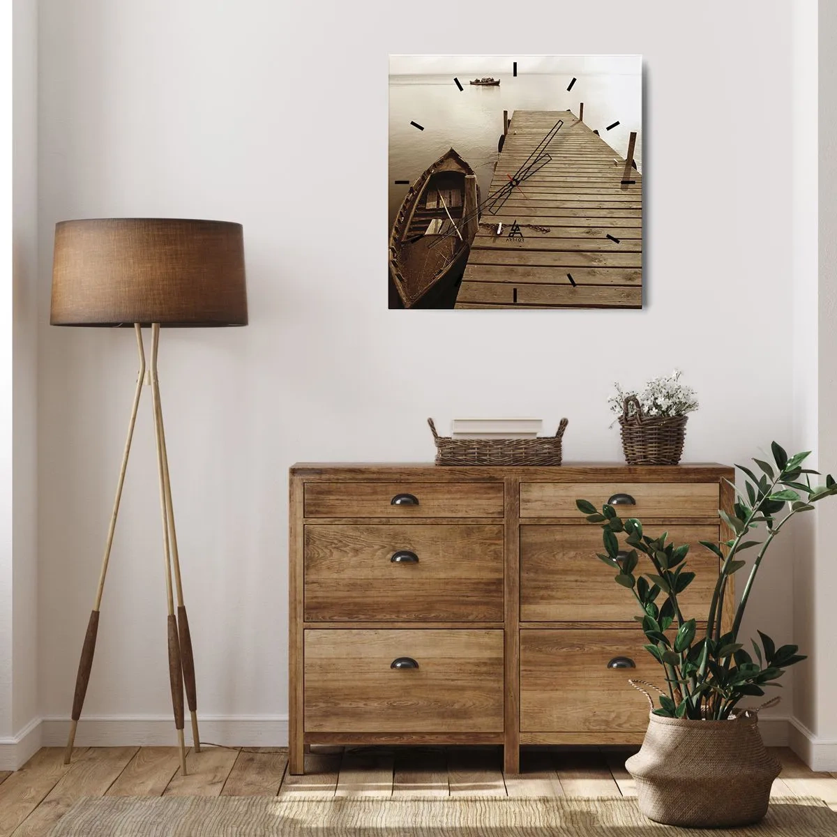 Wanduhr - Glasuhr - Holzsteg und Boot auf einem ruhigen See - 30x30cm - Großer Frieden - Moderne Wanddekoration für Wohnzimmer und Schlafzimmer ARTTOR