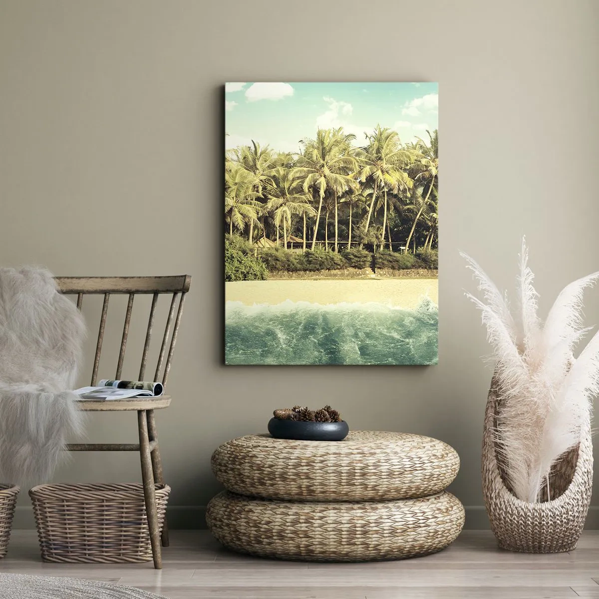 Bild auf Leinwand - Leinwandbild - Tropischer Strand mit Palmen und türkisfarbenem Meer - 80x120cm - Wie wäre es hier? - Moderne Wanddekoration für Wohnzimmer und Schlafzimmer ARTTOR