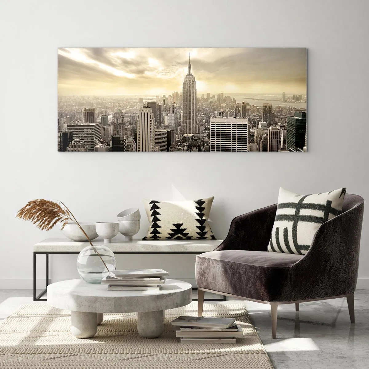 Glasbild - Bild auf glas - Panorama der Stadt mit Blick auf das Empire State Building - 120x50cm - New York aus Grau - Moderne Wanddekoration für Wohnzimmer und Schlafzimmer ARTTOR
