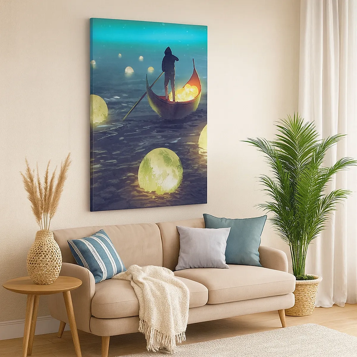 Bild auf Leinwand - Leinwandbild - Eine Figur in einem Boot, umgeben von leuchtenden Kugeln auf dem Wasser - 50x70cm - Dinge, von denen Philosophen nie geträumt haben - Moderne Wanddekoration für Wohnzimmer und Schlafzimmer ARTTOR