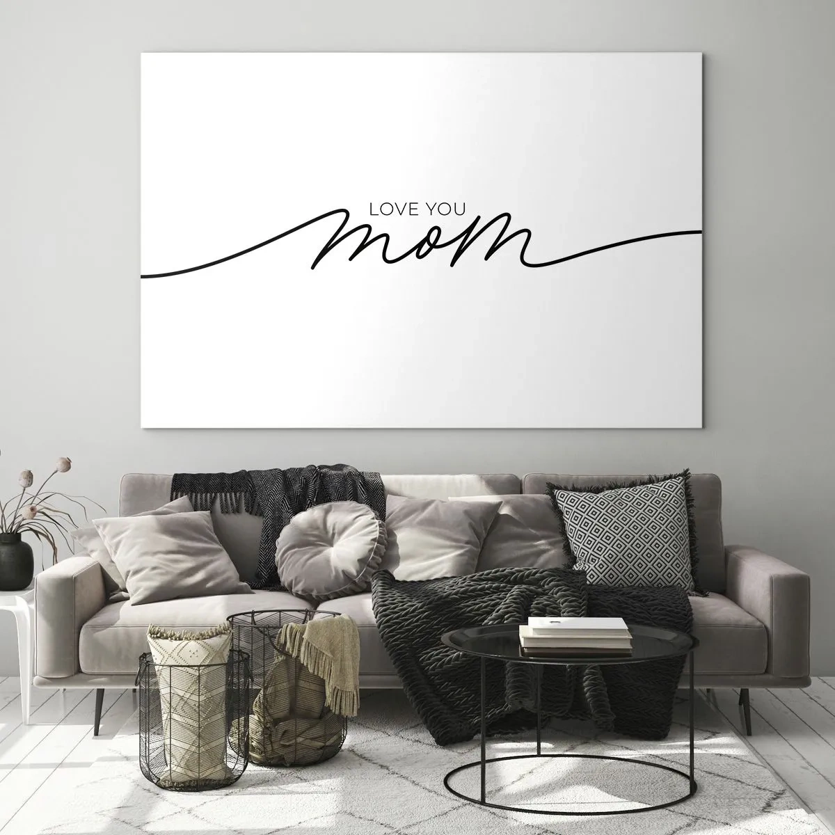 Glasbild - Bild auf glas - Minimalistische Love You Mom-Inschrift in Schwarz auf weißem Hintergrund - 120x80cm - Große Emotionen - Moderne Wanddekoration für Wohnzimmer und Schlafzimmer ARTTOR