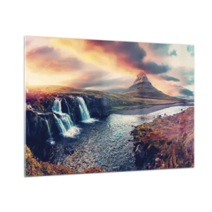 Glasbild - Bild auf glas - Wasserfall und Berg bei Sonnenuntergang in der isländischen Landschaft - 100x70cm - In der Majestät der Natur - Moderne Wanddekoration für Wohnzimmer und Schlafzimmer ARTTOR