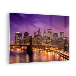 Glasbild - Bild auf glas - Abendansicht von New York mit der Brooklyn Bridge - 70x50cm - Violett-goldenes Manhathann - Moderne Wanddekoration für Wohnzimmer und Schlafzimmer ARTTOR