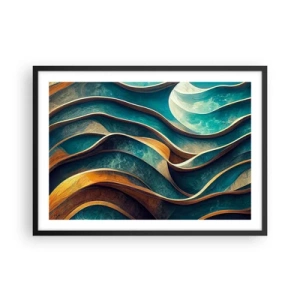 Poster in einem schwarzem Rahmen - Abstrakte Wellen in Türkis- und Goldtönen - 70x50cm - Blaue Mäander - Moderne Wanddekoration für Wohnzimmer und Schlafzimmer ARTTOR