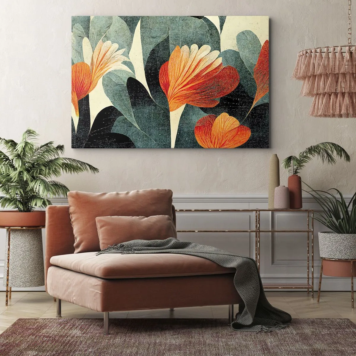 Bild auf Leinwand - Leinwandbild - Blüten in intensiven Orange- und Grüntönen - 70x50cm - Hitze der Tropen und Kühle des Grüns - Moderne Wanddekoration für Wohnzimmer und Schlafzimmer ARTTOR