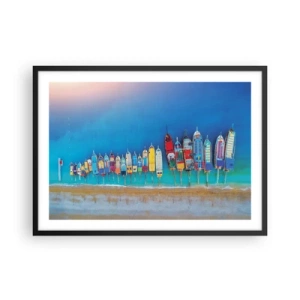 Poster in einem schwarzem Rahmen - Bunte Boote in einer Reihe am Ufer aufgereiht - 70x50cm - Aus der Vogelperspektive - Moderne Wanddekoration für Wohnzimmer und Schlafzimmer ARTTOR