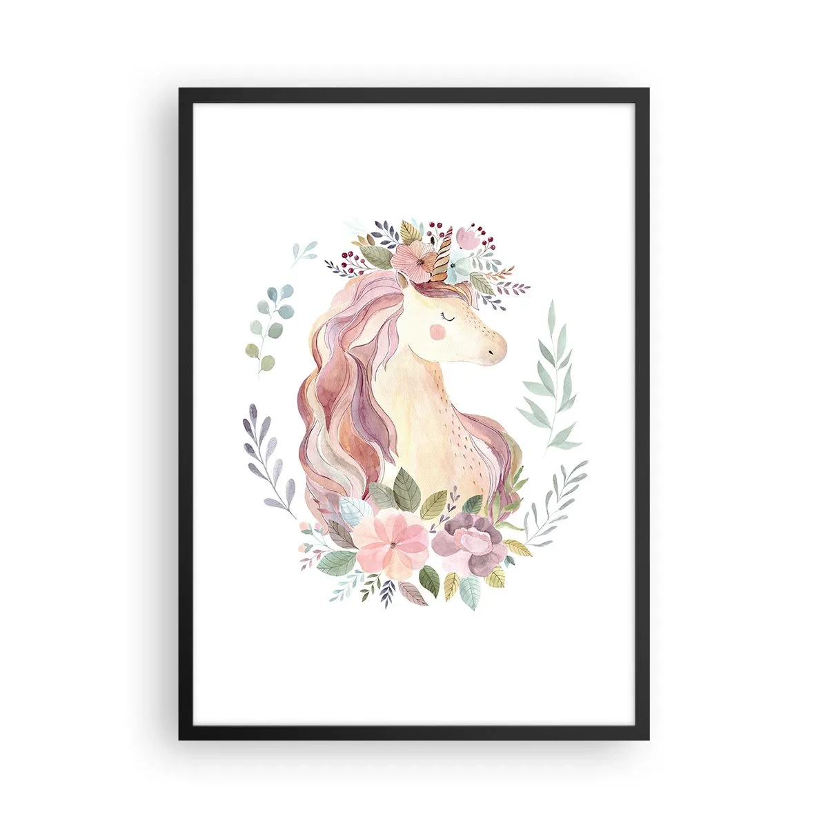 Poster in einem schwarzem Rahmen - Ein Aquarell-Einhorn, umgeben von pastellfarbenen Blumen. - 50x70cm - Eine Einladung in die Welt der Märchen - Moderne Wanddekoration für Wohnzimmer und Schlafzimmer ARTTOR