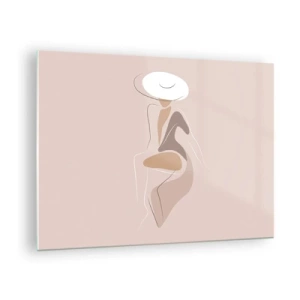 Glasbild - Bild auf glas - Silhouette einer Frau mit Hut auf beigem Hintergrund - 70x50cm - Eine Dame sein - Moderne Wanddekoration für Wohnzimmer und Schlafzimmer ARTTOR
