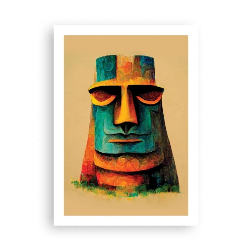 Poster - Eine farbenfrohe Interpretation einer Moai-Statue vor beigem Hintergrund - 50x70cm - Statuenhaft und sympathisch - Moderne Wanddekoration für Wohnzimmer und Schlafzimmer ARTTOR