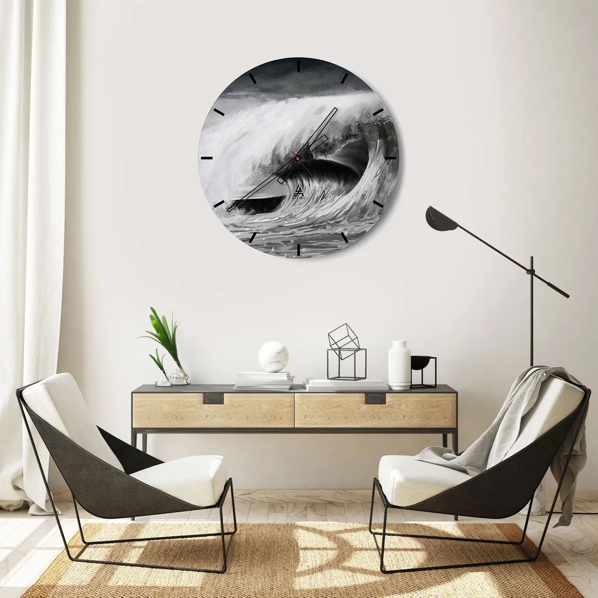 Wanduhr - Glasuhr - Eine dynamische Welle in Schwarz-Weiß-Tönen - 30x30cm - Wut des Ozeans - Moderne Wanddekoration für Wohnzimmer, Küche und Schlafzimmer ARTTOR