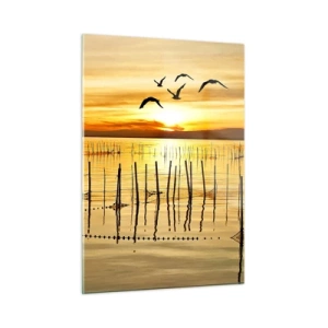 Glasbild - Bild auf glas - Sonnenuntergang über einem See mit Vögeln und Fischernetzen - 50x70cm - In der Fischerei - Moderne Wanddekoration für Wohnzimmer und Schlafzimmer ARTTOR