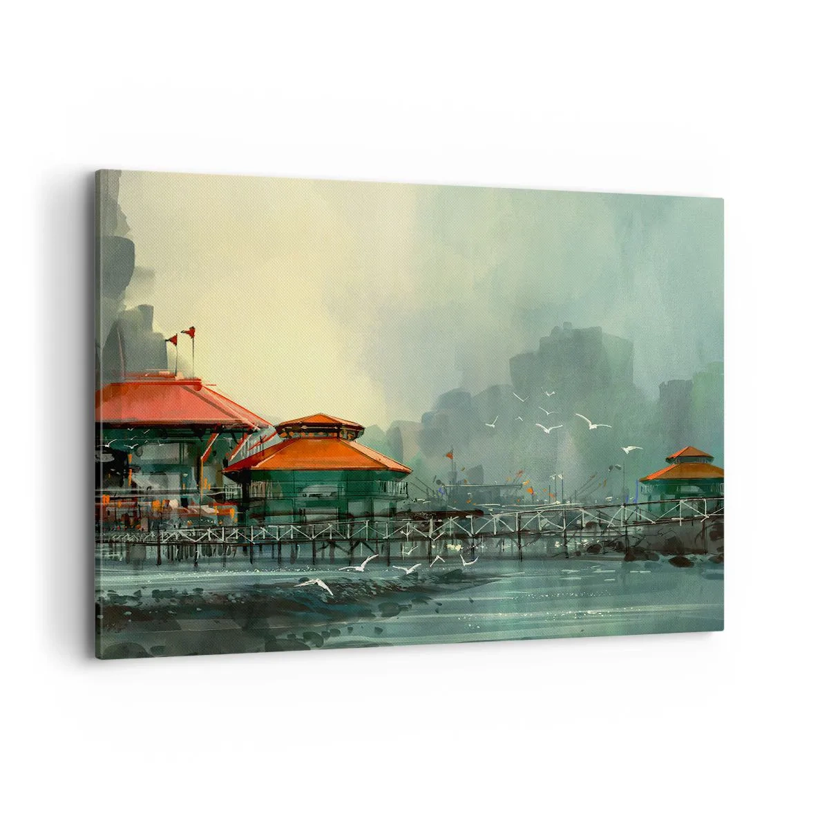 Bild auf Leinwand - Leinwandbild - Hafengebäude in einer regnerischen Landschaft mit Möwen - 100x70cm - Ein sonniger Tag im Hafen - Moderne Wanddekoration für Wohnzimmer und Schlafzimmer ARTTOR