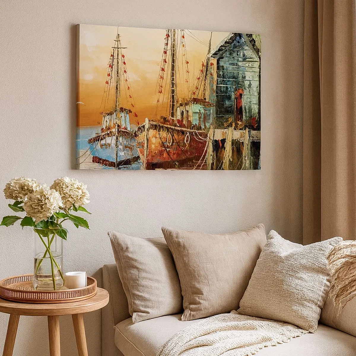Bild auf Leinwand - Leinwandbild - Boote am Ufer im warmen Licht des Sonnenuntergangs - 70x50cm - Friedliche Rückkehr - Moderne Wanddekoration für Wohnzimmer und Schlafzimmer ARTTOR