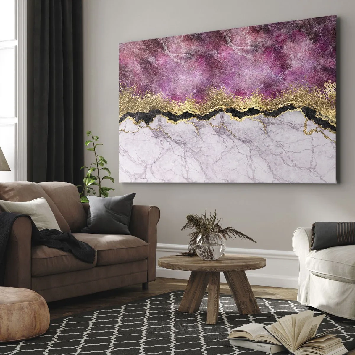 Bild auf Leinwand - Leinwandbild - Abstrakter Marmor in Rosatönen mit goldenen Akzenten - 100x70cm - An der Grenze - Moderne Wanddekoration für Wohnzimmer und Schlafzimmer ARTTOR
