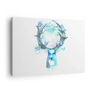 Bild auf Leinwand - Leinwandbild - Eine skurrile Hirschgrafik mit Natur- und Schmetterlingsmotiv - 70x50cm - Die Kraft und Feinheit der Natur - Moderne Wanddekoration für Wohnzimmer und Schlafzimmer ARTTOR