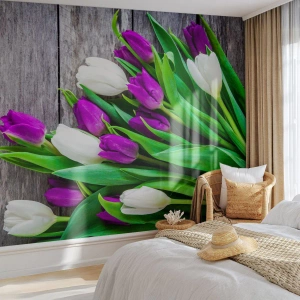 Selbstklebende Fototapete Deluxe Sticker - Am Tag der Frühlingsferien - Blumen, Tulpen, Blumenstrauß - 350x256 cm