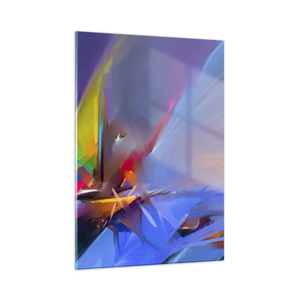 Glasbild - Bild auf glas - Abstrakte Propeller in leuchtenden Farben vor einem pastellfarbenen Himmel - 50x70cm - Propeller wie ein Vogel - Moderne Wanddekoration für Wohnzimmer und Schlafzimmer ARTTOR