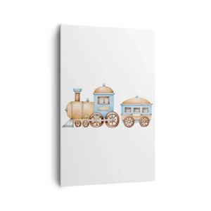 Bild auf Leinwand - Leinwandbild - Zeichnung eines Zuges in Pastelltönen auf weißem Hintergrund - 80x120cm - Am Bahnhof steht ... - Moderne Wanddekoration für Wohnzimmer und Schlafzimmer ARTTOR