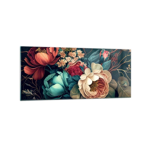 Glasbild - Bild auf glas - Eine farbenfrohe Blumenkomposition auf dunklem Hintergrund - 120x50cm - Charme des 19. Jahrhunderts - Moderne Wanddekoration für Wohnzimmer und Schlafzimmer ARTTOR
