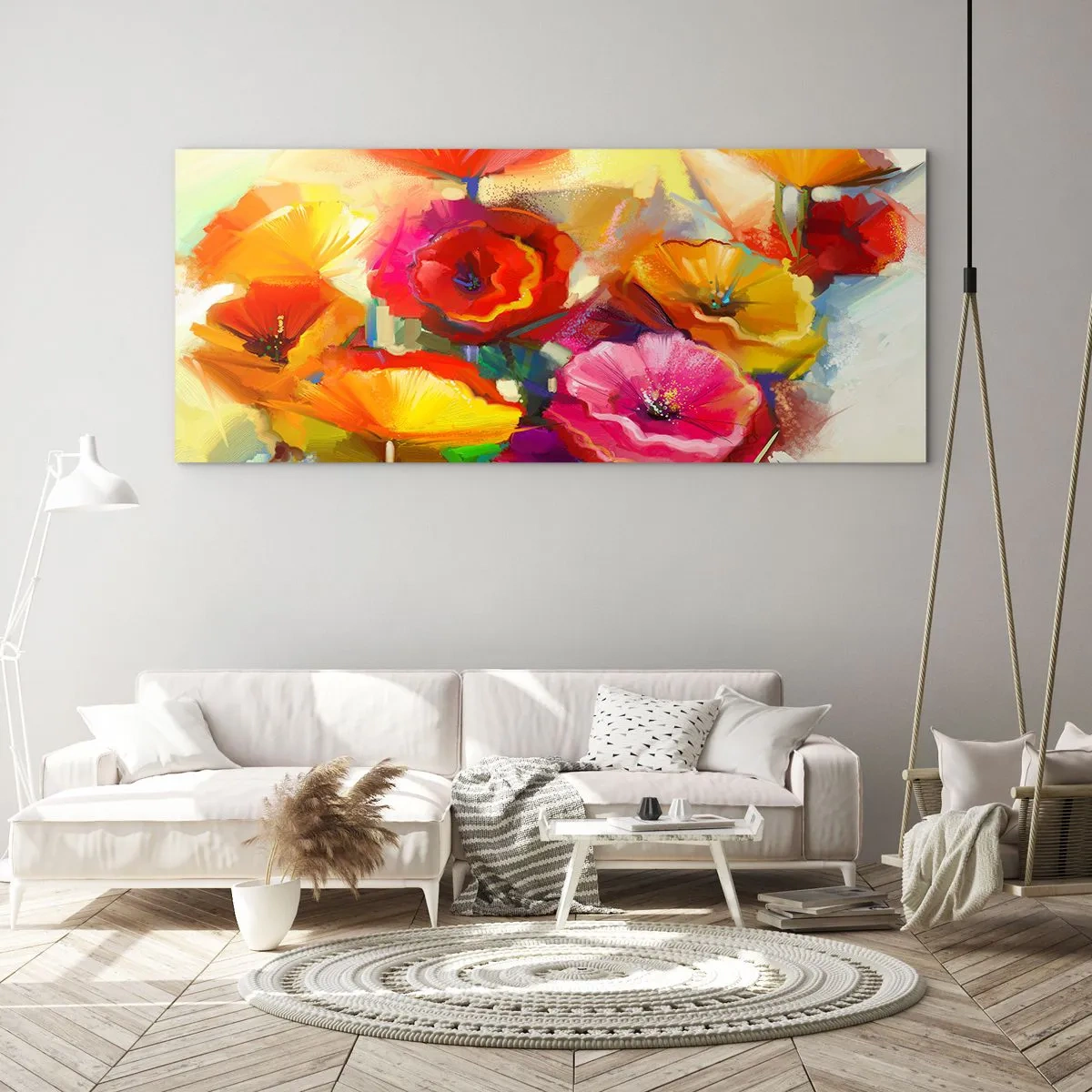Glasbild - Bild auf glas - Bunte abstrakte Blumen auf hellem Hintergrund - 120x50cm - Nicht nur rot - Moderne Wanddekoration für Wohnzimmer und Schlafzimmer ARTTOR