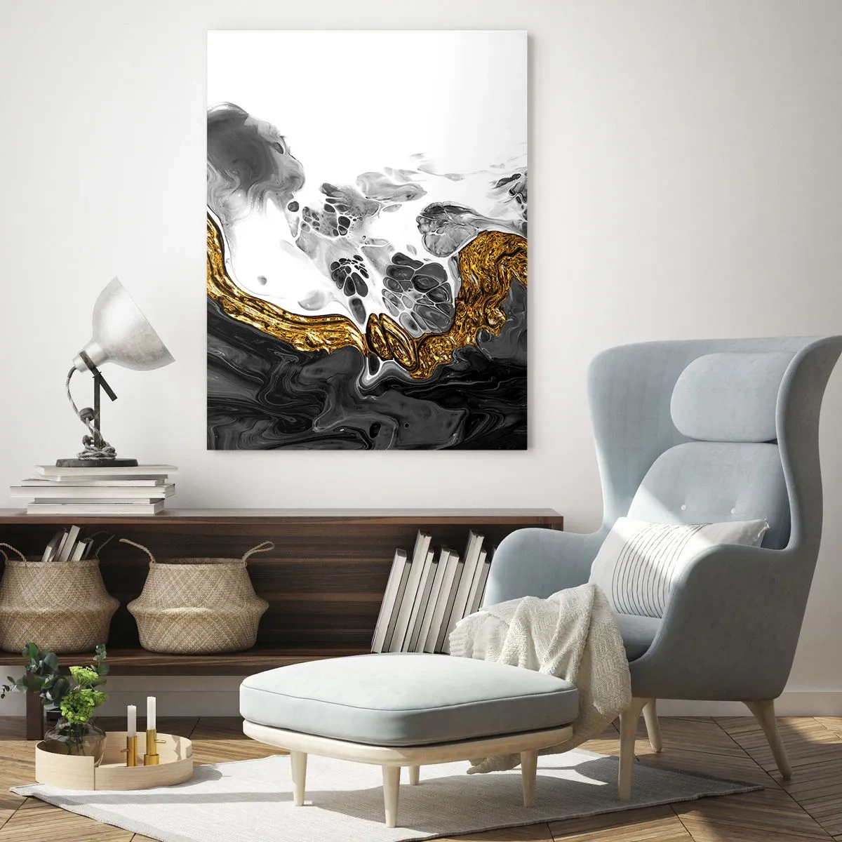 Glasbild - Bild auf glas - Eine abstrakte Komposition mit Akzenten in Gold und Schwarz. - 70x100cm - Organische Komposition - Moderne Wanddekoration für Wohnzimmer und Schlafzimmer ARTTOR