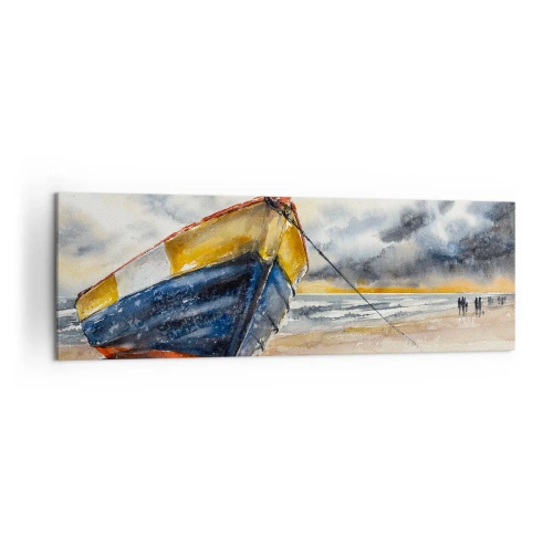Bild auf Leinwand - Leinwandbild - Ein malerisches Boot am Strand unter einem bewölkten Himmel - 160x50cm - Erholung am Ufer - Moderne Wanddekoration für Wohnzimmer und Schlafzimmer ARTTOR