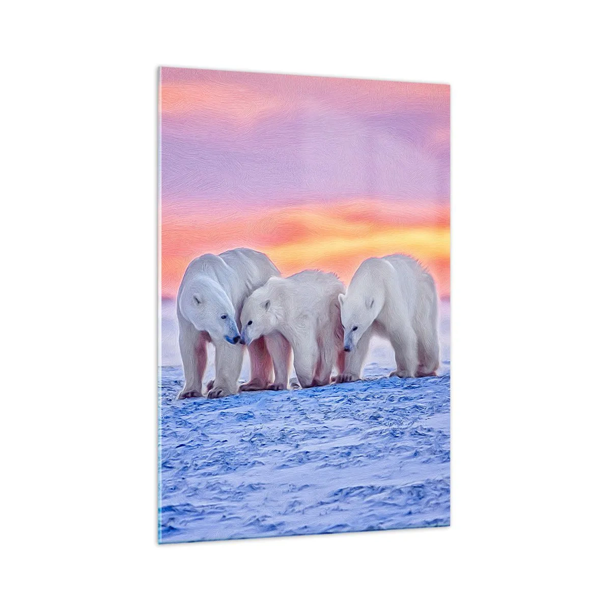 Glasbild - Bild auf glas - Drei Eisbären vor dem Hintergrund eines arktischen Sonnenuntergangs - 70x100cm - Familienwärme ist genug - Moderne Wanddekoration für Wohnzimmer und Schlafzimmer ARTTOR
