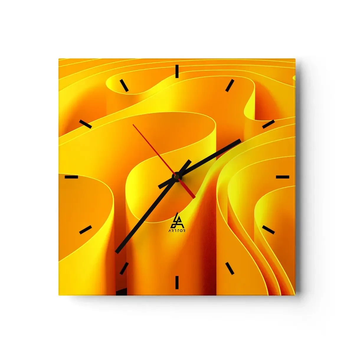 Wanduhr - Glasuhr - Gelbe abstrakte Wellen, die Sonnenstrahlen ähneln - 30x30cm - Wie Sonnenwellen - Moderne Wanddekoration für Wohnzimmer und Schlafzimmer ARTTOR