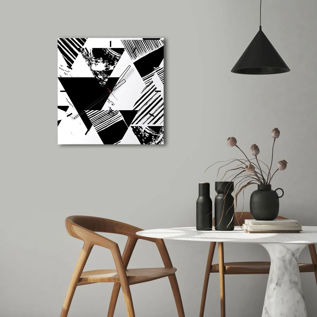 Wanduhr - Glasuhr - Geometrische Muster in minimalistischer Schwarz-Weiß-Form - 30x30cm - Regen von Dreiecken - Moderne Wanddekoration für Wohnzimmer und Schlafzimmer ARTTOR