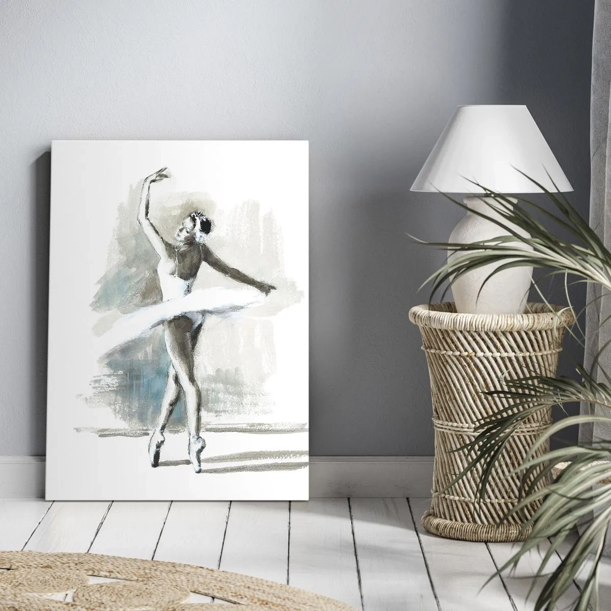 Bild auf Leinwand - Leinwandbild - Eine Balletttänzerin in einer Ballettpose vor einem Hintergrund aus zarten Aquarelltönen. - 50x70cm - In einen Schwan verzaubert - Moderne Wanddekoration für Wohnzimmer und Schlafzimmer ARTTOR