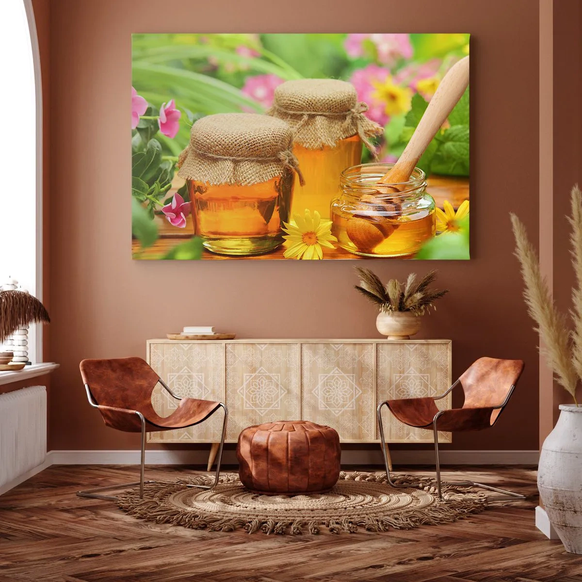 Bild auf Leinwand - Leinwandbild - Honiggläser mit Blumen vor dem Hintergrund eines Sommergartens - 120x80cm - Süß und blumig - Moderne Wanddekoration für Wohnzimmer und Schlafzimmer ARTTOR