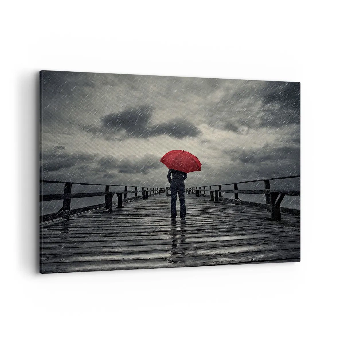 Bild auf Leinwand - Leinwandbild - Eine Person mit einem roten Regenschirm auf einem verregneten Pier - 100x70cm - Es ist egal, dass es regnet - Moderne Wanddekoration für Wohnzimmer und Schlafzimmer ARTTOR