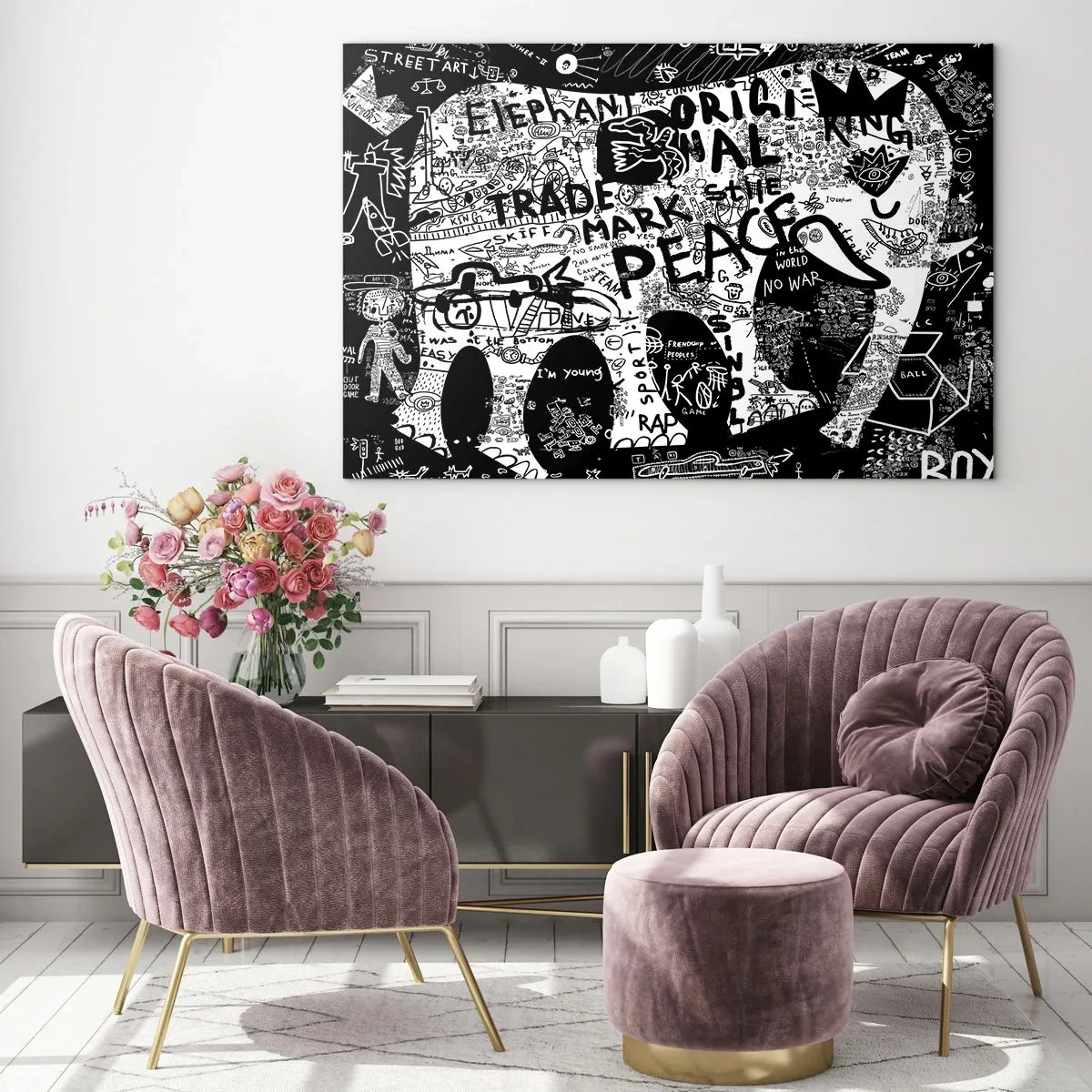 Glasbild - Bild auf glas - Schwarz-weißes Graffiti-Bild mit Themen wie Frieden und Freiheit - 120x80cm - Reiche Straßenwelt - Moderne Wanddekoration für Wohnzimmer und Schlafzimmer ARTTOR