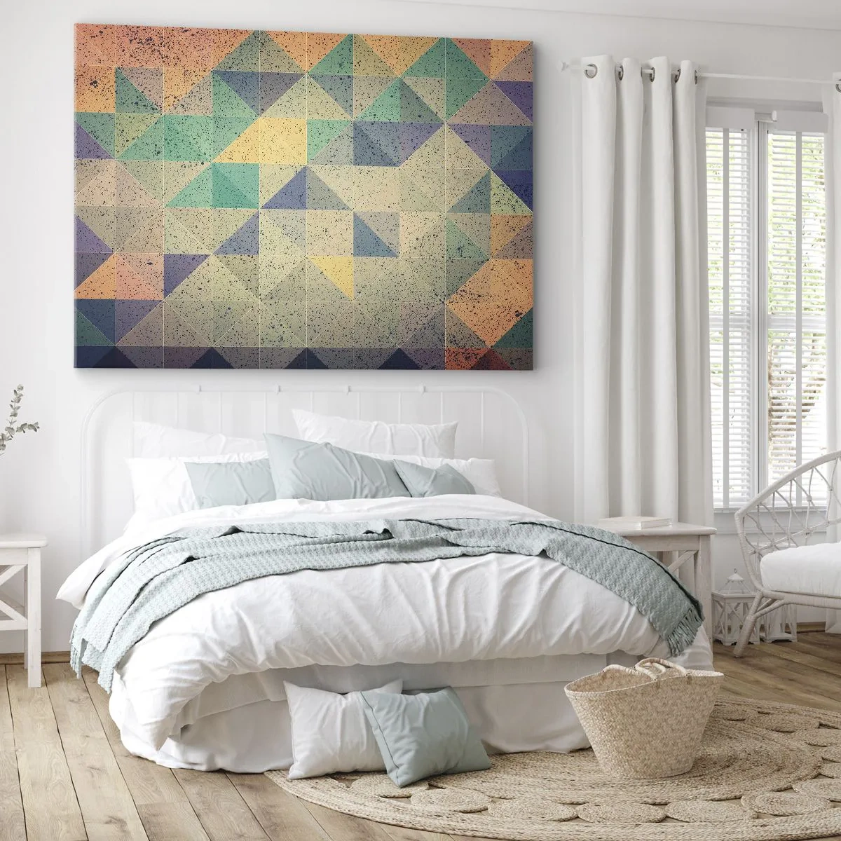 Bild auf Leinwand - Leinwandbild - Eine farbenfrohe Komposition aus geometrischen Dreiecken in Pastelltönen. - 120x80cm - Republik der Dreiecke - Moderne Wanddekoration für Wohnzimmer und Schlafzimmer ARTTOR