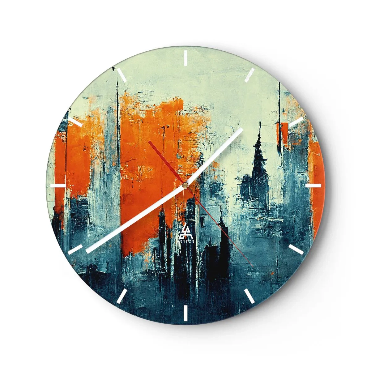 Wanduhr - Glasuhr - Abstraktes Stadtpanorama in Orange- und Marineblautönen - 30x30cm - Moderne Landschaft - Moderne Wanddekoration für Wohnzimmer, Küche und Schlafzimmer ARTTOR
