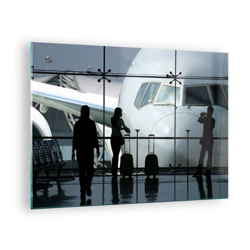 Glasbild - Bild auf glas - Flughafen mit Blick auf das Flugzeug und Silhouetten von Reisenden - 70x50cm - Vis a vis am Flughafen - Moderne Wanddekoration für Wohnzimmer und Schlafzimmer ARTTOR
