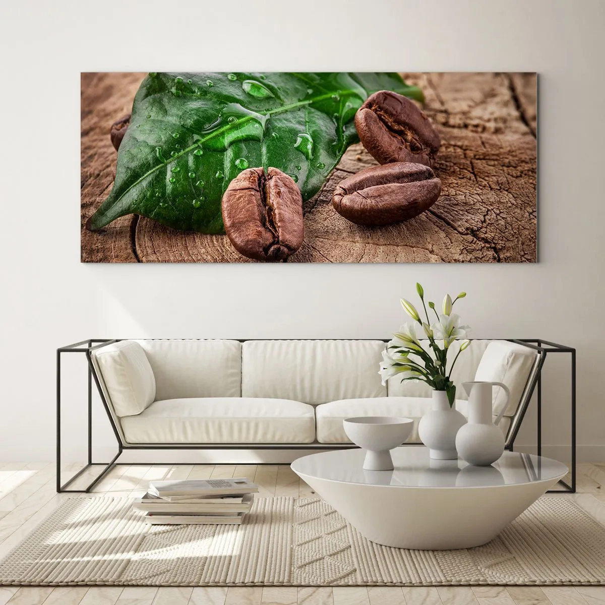 Glasbild - Bild auf glas - Kaffeebohnen und grünes Blatt auf einem hölzernen Hintergrund - 160x50cm - Der wahrste und schwarze - Moderne Wanddekoration für Wohnzimmer und Schlafzimmer ARTTOR