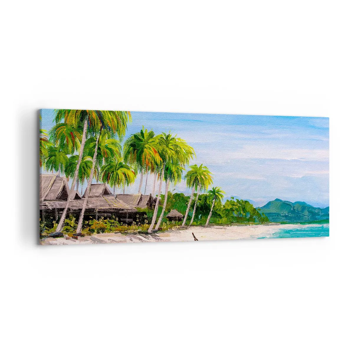 Bild auf Leinwand - Leinwandbild - Ein exotischer Strand mit Palmen und einem Boot am Ufer - 120x50cm - Exotischer Traum - Moderne Wanddekoration für Wohnzimmer und Schlafzimmer ARTTOR