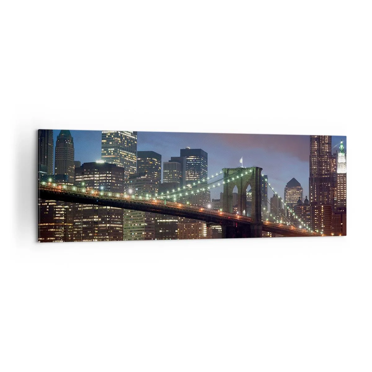 Bild auf Leinwand - Leinwandbild - New York City Bridge bei Nacht mit beleuchteten Gebäuden - 160x50cm - Leuchtende Nacht - Moderne Wanddekoration für Wohnzimmer und Schlafzimmer ARTTOR