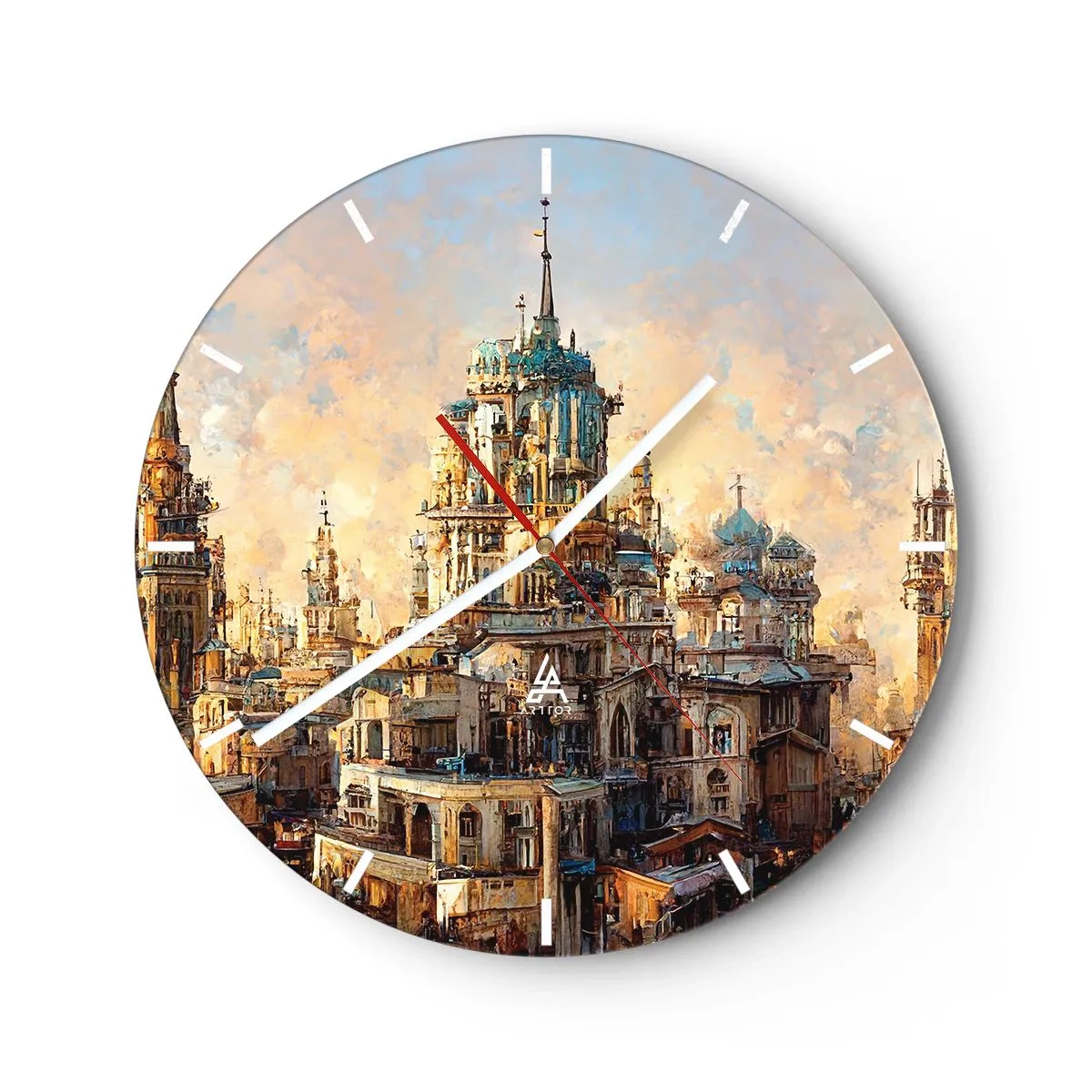 Wanduhr - Glasuhr - Die Türme und Gebäude einer Fantasiestadt bei Sonnenuntergang - 30x30cm - Stadt der Städte - Moderne Wanddekoration für Wohnzimmer, Küche und Schlafzimmer ARTTOR